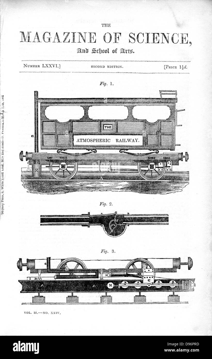 Samuel Clegg Jnr (1814-1856) e Giuseppe Samuda (1813-1885) ferrovia atmosferica. Questo è stato il sistema adottato su Croydon ferrovia atmosferica, Kingstown e Dalkey (Dublino), di Parigi e di San Germain, e il South Devon ferrovie. La ferrovia azionato senza locomotive, con pressione aria invece di spingere le vetture del trasporto merci lungo le rotaie. Da "La rivista della scienza". (Londra, 1845). Incisione su legno. Foto Stock