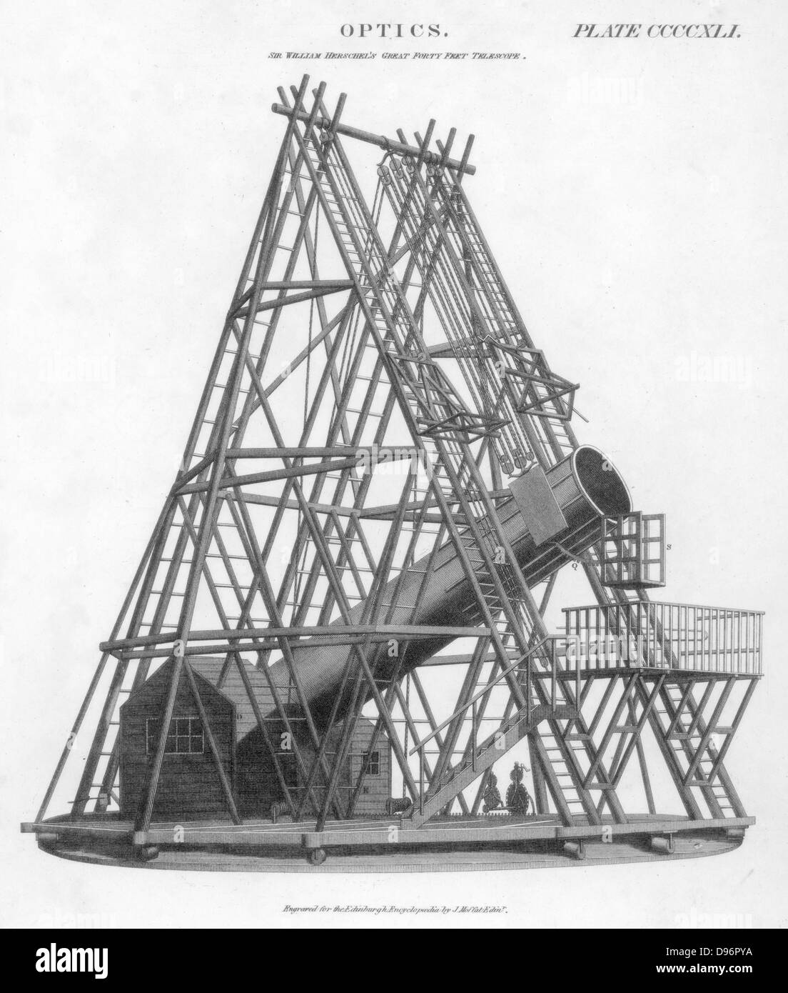 Telescopio riflettore di 40 piedi/12 m di lunghezza focale, 1789. Costruito da William Herschel (1738-1822) il tedesco-nato astronomo inglese, questo strumento è stato il più grande del mondo, aveva un 4 ft/1.2 specchio m. Herschel osservazioni con il telescopio ma fatto uso più di un minore 18 in/46 cm strumento. Da 'l'enciclopedia di Edimburgo". (Edimburgo, 1807-1829). Incisione. Foto Stock