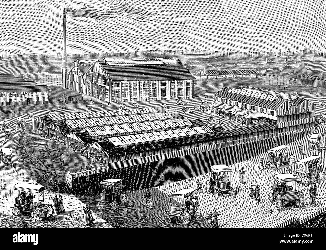 Fabbrica a Aubervilliers, Francia, per effettuare la ricarica e la manutenzione delle batterie per le cabine elettriche utilizzate in Parigi. Da 'La natura' Parigi 1899. Foto Stock