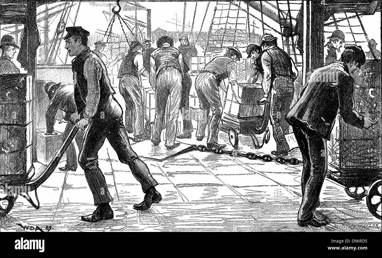 I portuali di scarico in the docks londinesi, 1889. Incisione. Foto Stock