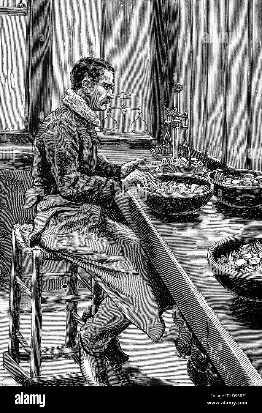 Zecca di Parigi: Test di peso dei pezzi d'oro. Incisione su legno 1892 Foto Stock