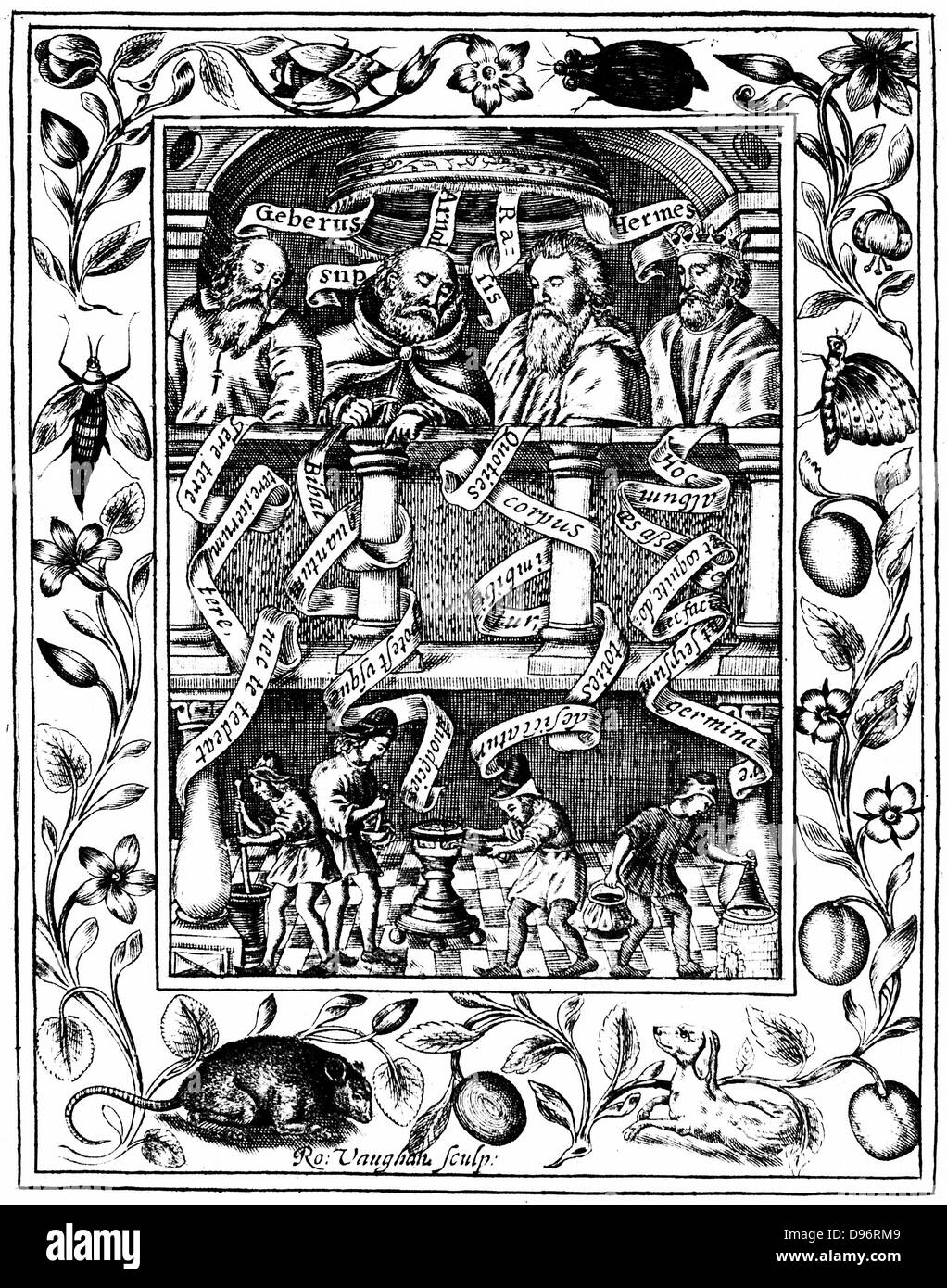 I quattro grandi alchimisti. Da sinistra a destra: Al-Jabir (Geber xiv secolo spagnolo) Arnald o Arnold di Villanova (Francese c1240-c1310) Rhazes (Abu Bakr al-Rhazes, IX secolo persiano) e il leggendario Hermes Trismegistes guardare in basso sui lavoratori in un laboratorio. Da Elias Ashmole "Theatrum Chemicum Britannicum' London 1652 . Foto Stock