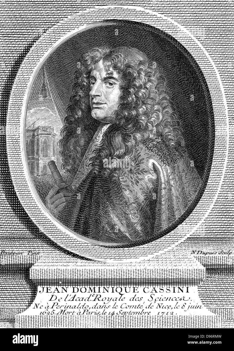 Jean-Dominique Cassini (c1670-1756) Italiano-nato astronomo francese. Primo direttore dell'Osservatorio di Parigi. Incisione su rame 1777. Sullo sfondo a sinistra è l'Osservatorio di Parigi. Foto Stock