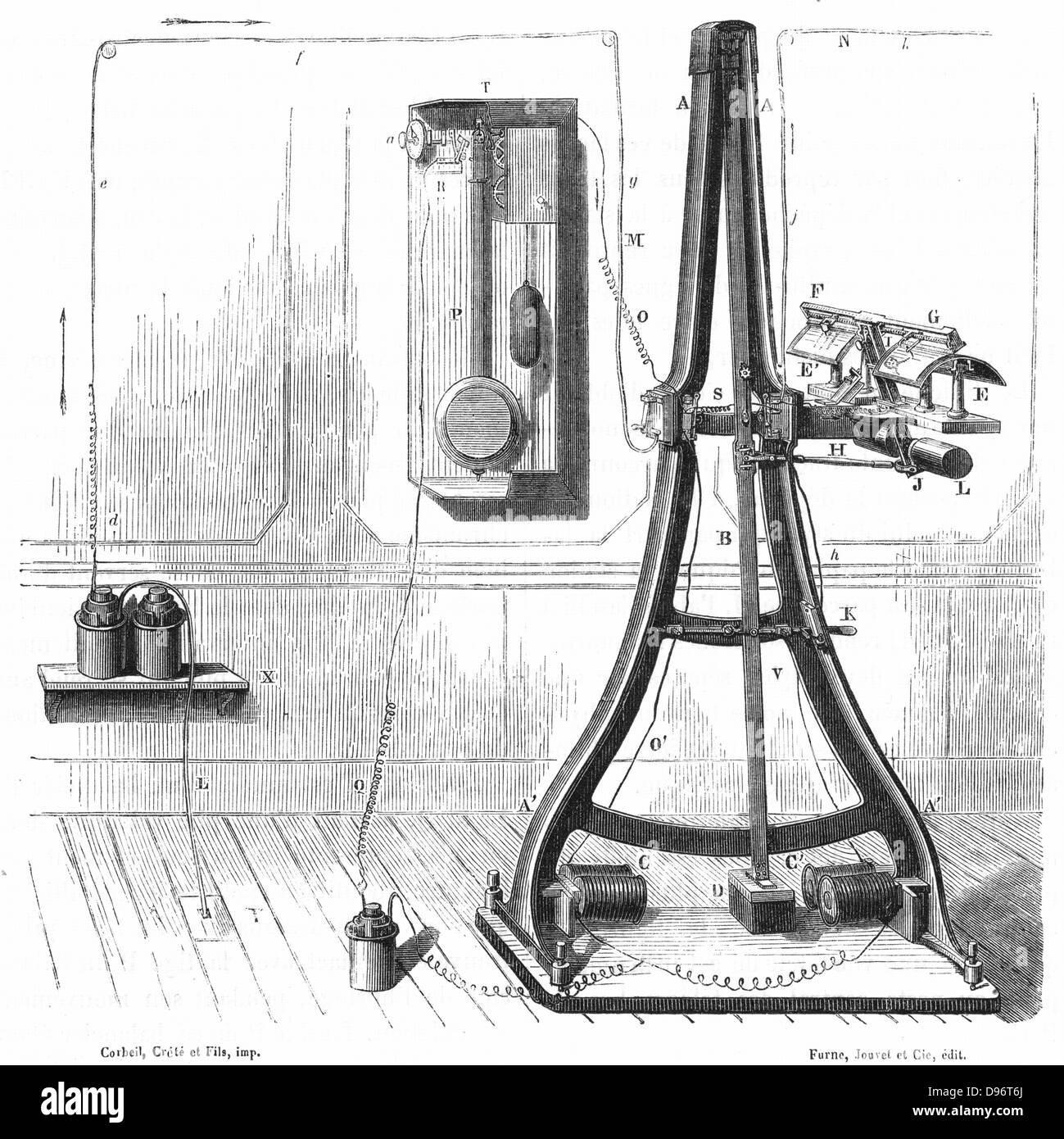 Caselli's Pantelegraph: una delle prime macchine per inviare stampe di facsimile attraverso il telegrafo elettrico. Da Louis Figuier 'Les Merveilles de las scienza", Parigi, 1870. Foto Stock