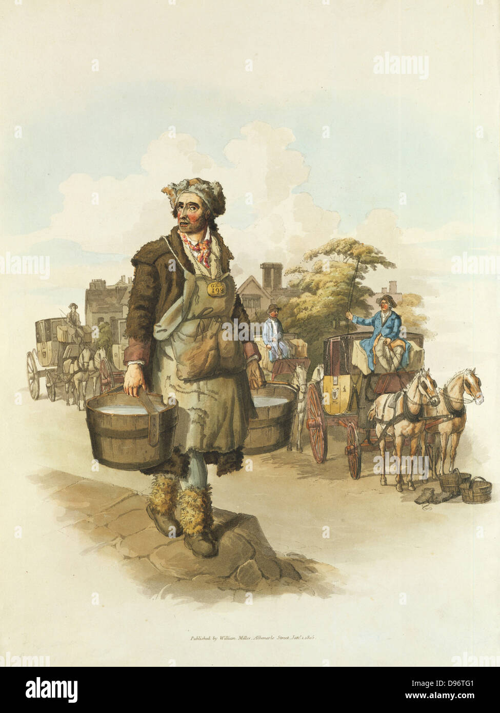 Vettore acqua con secchi e hackney cab driver abbeveraggio i loro cavalli. Da William Henry Pyne " Il Costume di Gran Bretagna', Londra, 1808. La puntasecca. Foto Stock
