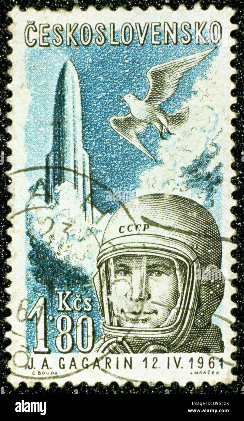 Yuri Gargarin, 1961. Gargarin (1934-1968), il cosmonauta russo e il primo uomo a viaggiare nello spazio. Ceco francobollo commemorativo Gargarin del volo in "Vostok", 12 aprile 1961. Foto Stock