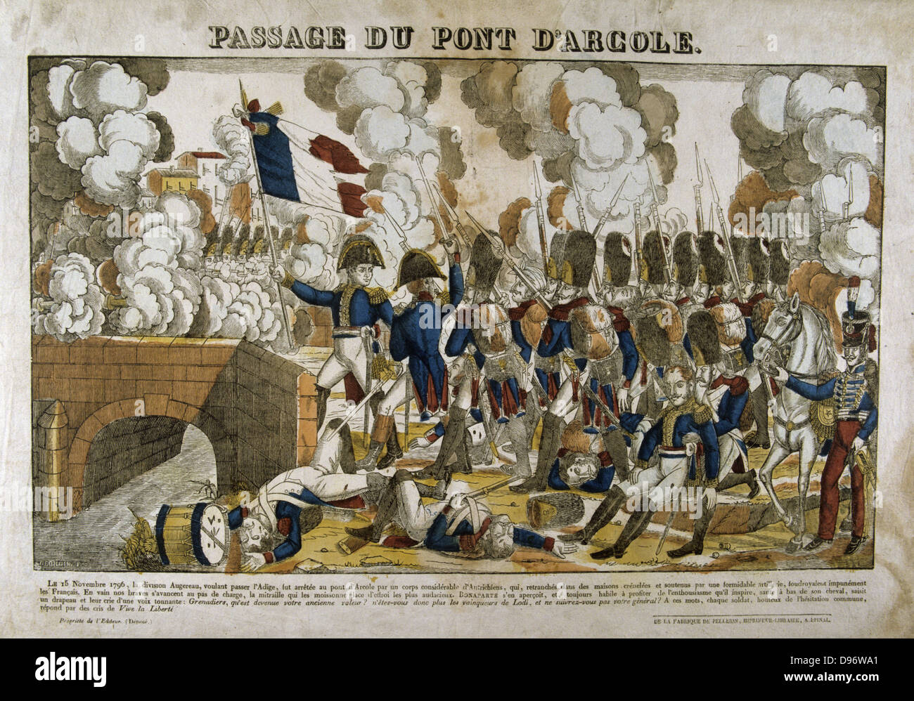 Napoleone Bonaprte conduce le sue truppe attraverso il ponte di Arcole (Arcola). Vittoria francese sugli austriaci 15 novembre 1796. Popolari francesi colorate a mano la xilografia. Foto Stock