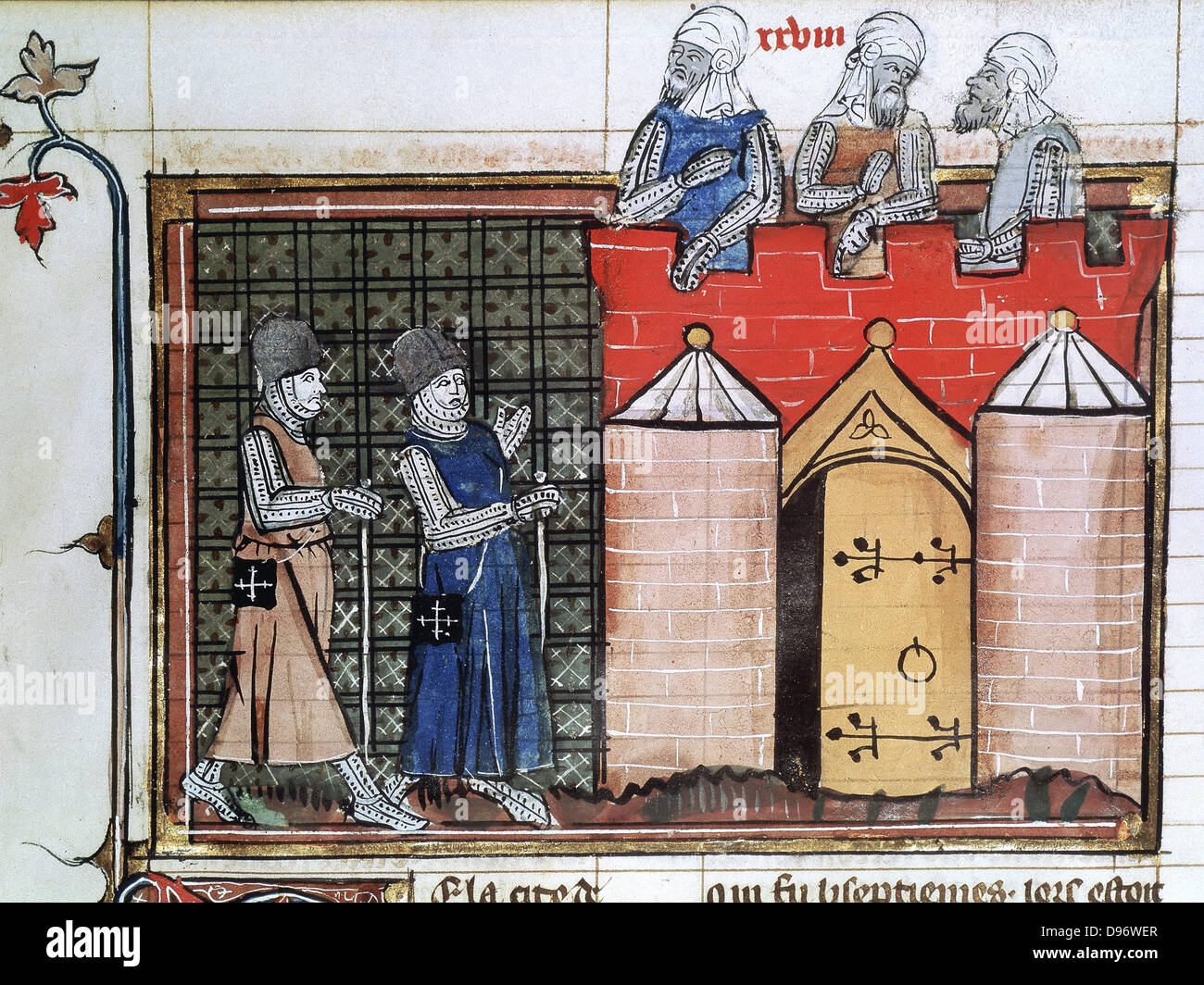 Cavalieri Templari prima di Gerusalemme: Saraceni sulle merlature, XI secolo, lst crociata. Il XIV secolo manoscritto da 'Roman de Godefroy de Bouillon' Foto Stock