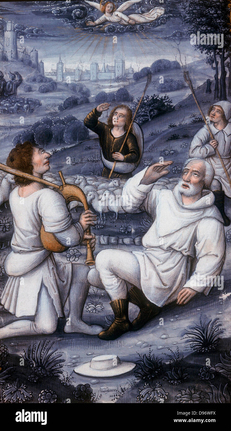 Angelo convocare i pastori della Natività. Dal libro del XVI secolo di ore. Angelo, messaggero di Dio, su cloud da cui provengono gli alberi di santa Luce,appare agli stupefatti pastori, uno dei quali è la riproduzione di cornamusa. Foto Stock
