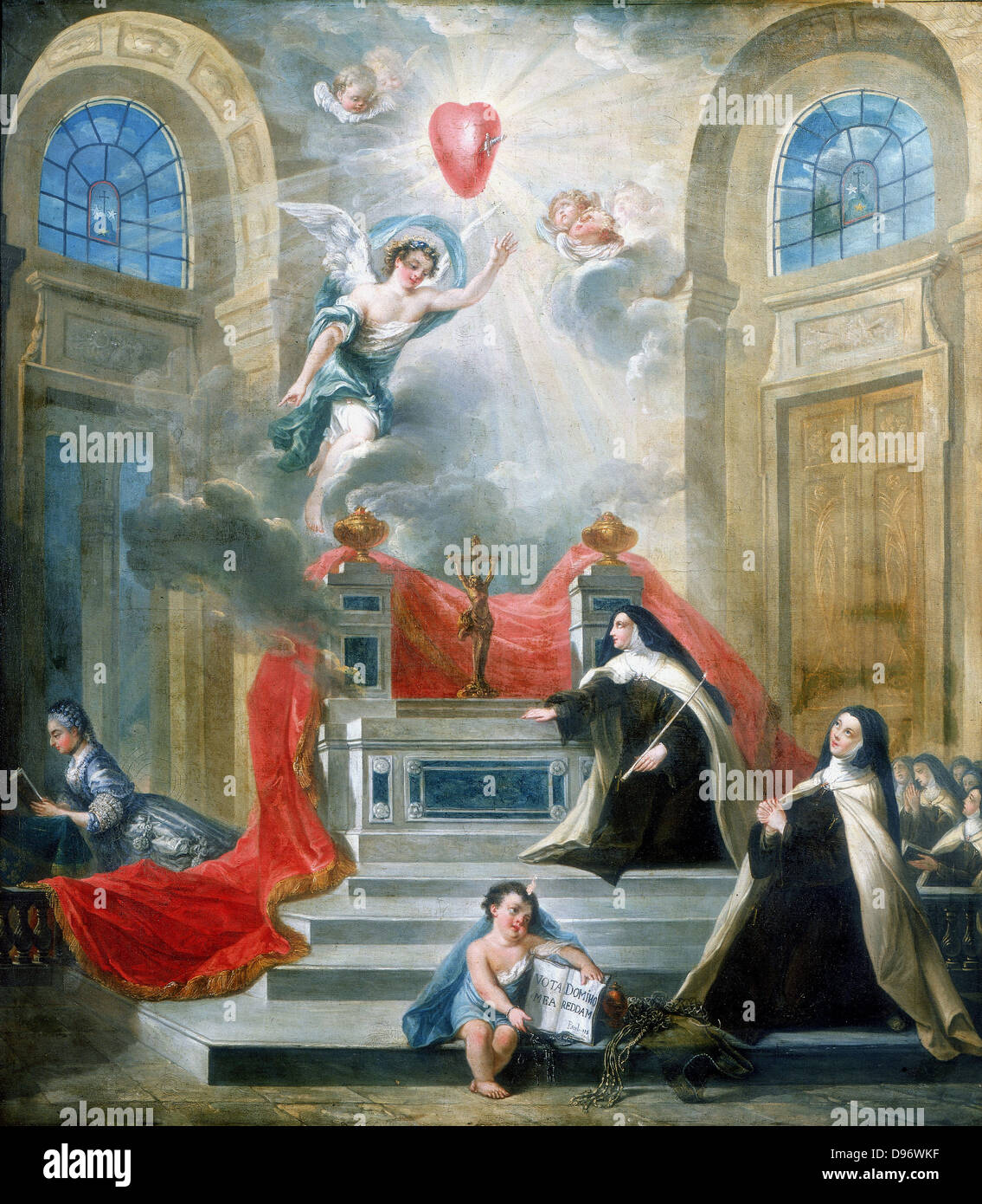 Cappella dei Carmelitani. Musee de St Denis, Parigi. Sopra l'altare, Angelo rivela il Sacro Cuore trafitto da una spada (che rappresenta il Dio Figlio) che compare nei raggi di luce hevenly e circondato da serafini. Sulla sinistra, nobile donna si inginocchia in preghiera. Sportelli sulla destra decorate con fronde di palma, simboli di santità. Foto Stock