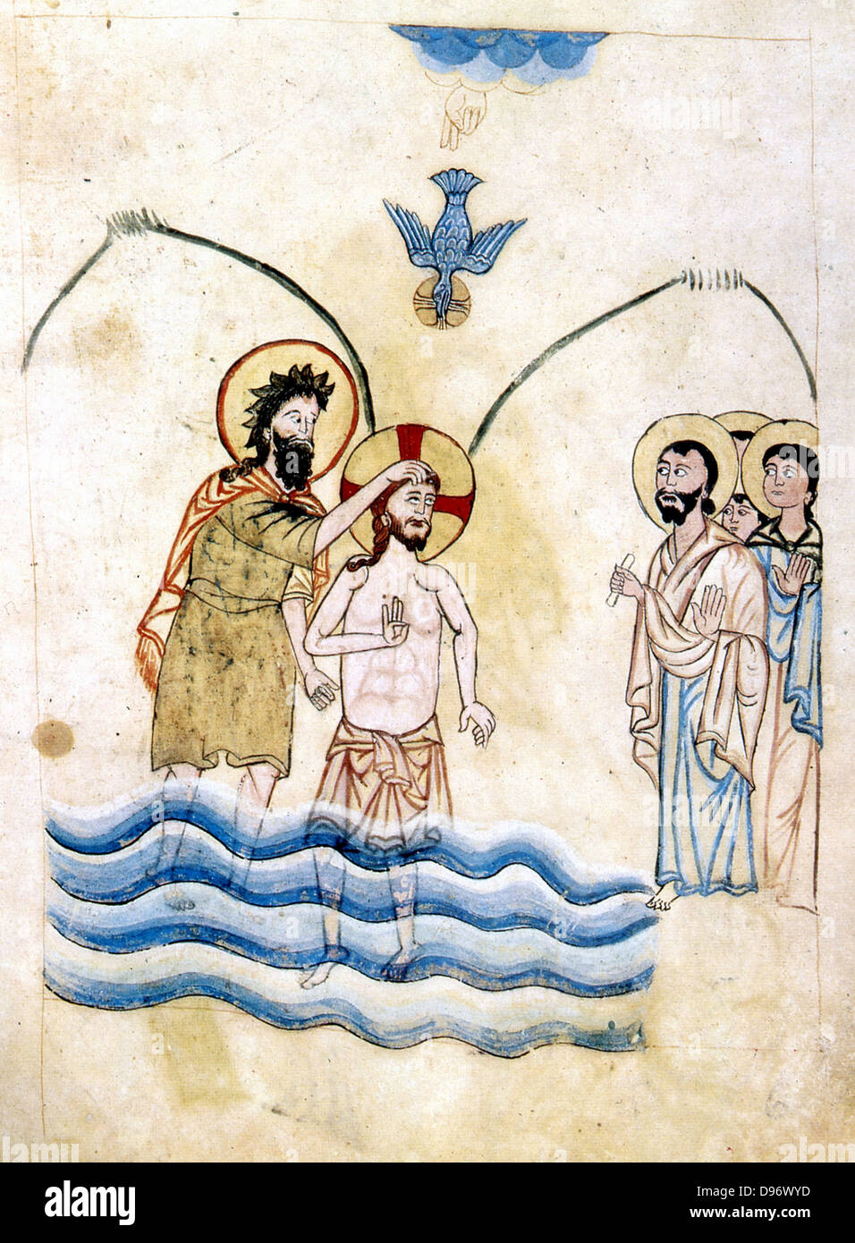 Il Battesimo di Gesù da parte di San Giovanni Battista. Dopo Evangelistery Armeno (1319-20). La calligrafia e pittura di Vardan. Foto Stock