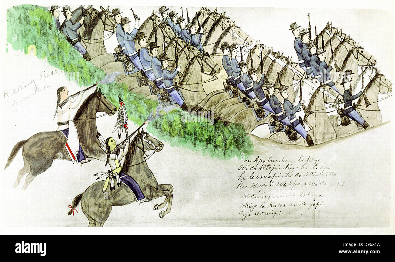Inizio della battaglia di Little Big Horn River, Montana, 25 giugno 1876. Gli indiani delle pianure e DEGLI STATI UNITI Cavalleria. Dalla pittura dagli Indiani Sioux Amos cuore di Bad Buffalo. Foto Stock