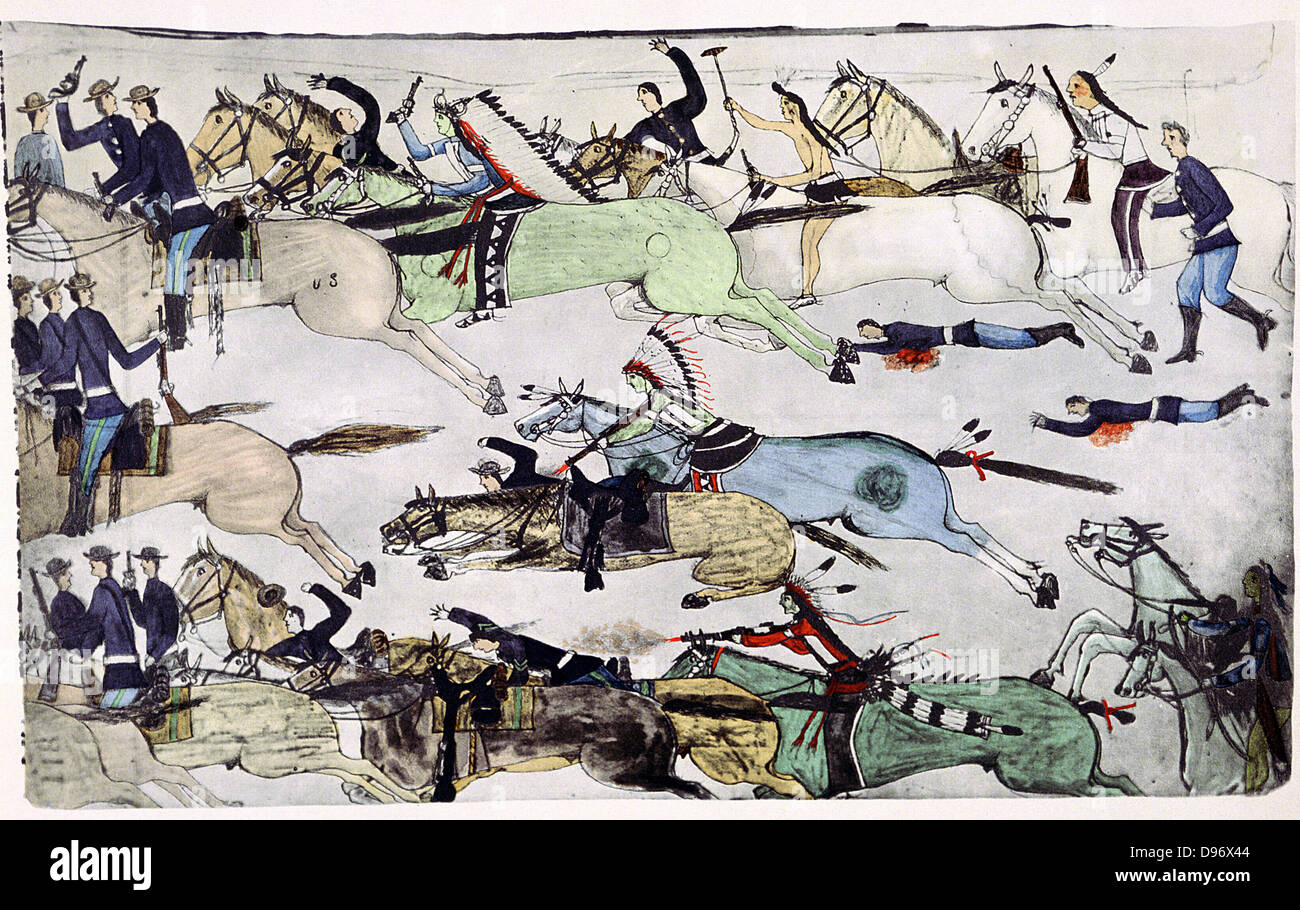 Battaglia di Little Big Horn 25-26 Giugno 1876. Ritiro di noi 7 battaglioni di Cavalleria sotto grandi Marcus Reno. Dipinto di Amos cuore di Bad Buffalo (Sioux) c 1900 Foto Stock