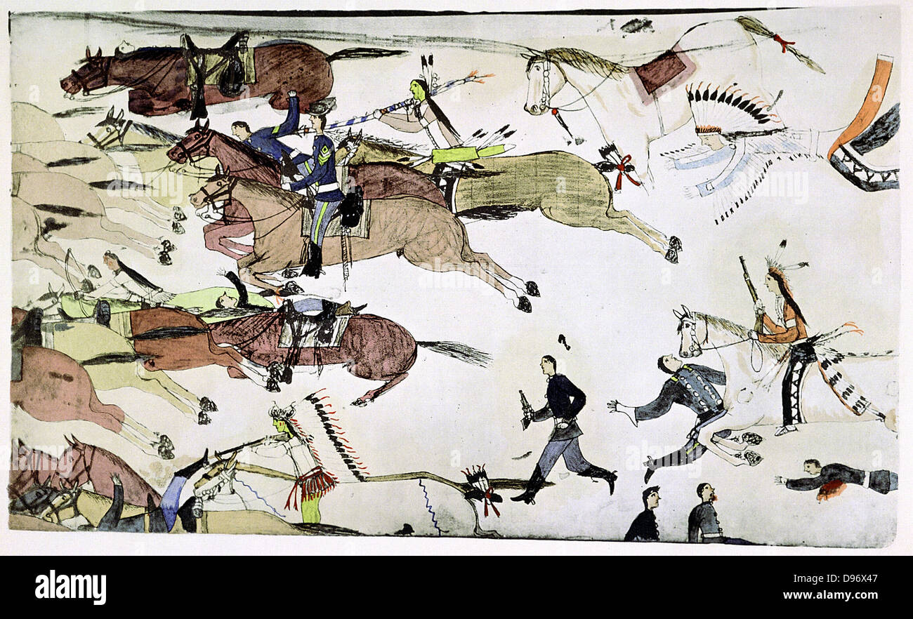 Battaglia di Little Big Horn 25-26 Giugno 1876. Ritiro di noi 7 battaglioni di Cavalleria sotto grandi Marcus Reno in faccia della co.dipinto di Amos cuore di Bad Buffalo (Sioux) c. 1900 Foto Stock