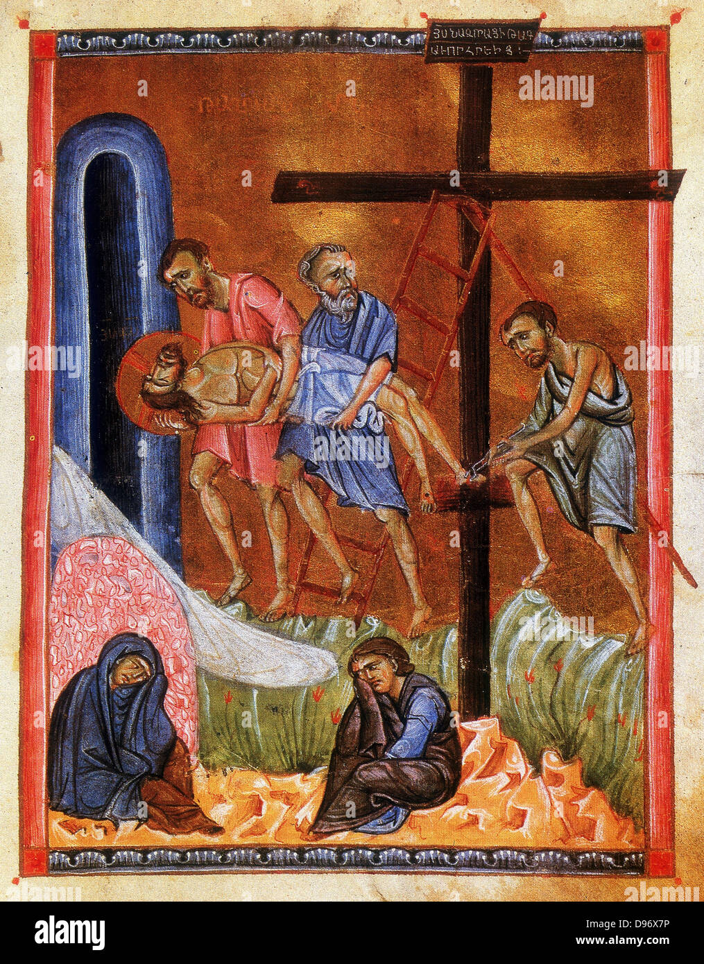 Deposizione e tumulazione Compianto di Cristo. Dopo Evangelistery Armeno (Vangeli) c1268. Pittore e calligrafo Toros Rosline. Foto Stock
