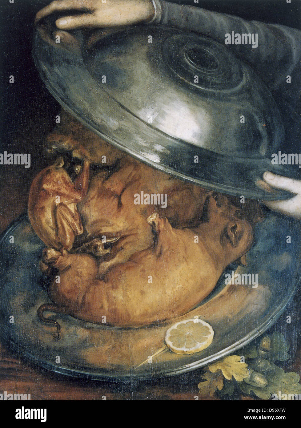 Il Cuoco', still life c1570. Se capovolto il cuoco il ritratto è composto  da due piatti e arrosti di aspirare i suini. Guiseppe Arcimboldo (c1530-93)  pittore italiano. Olio su legno Foto stock -
