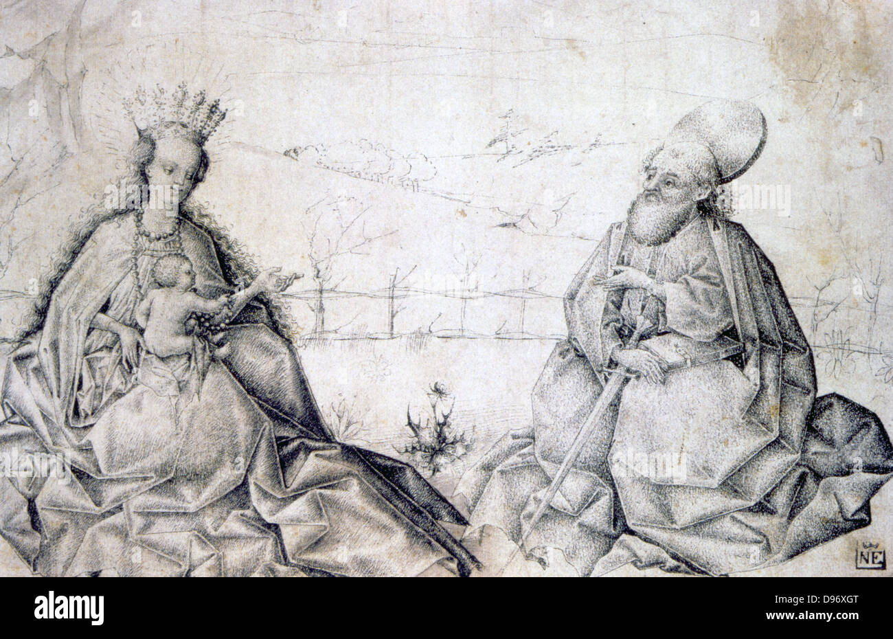 Vergine con Bambino e San Paolo". Maestro svizzero c1450. Penna, inchiostro nero e grigio wash. Foto Stock