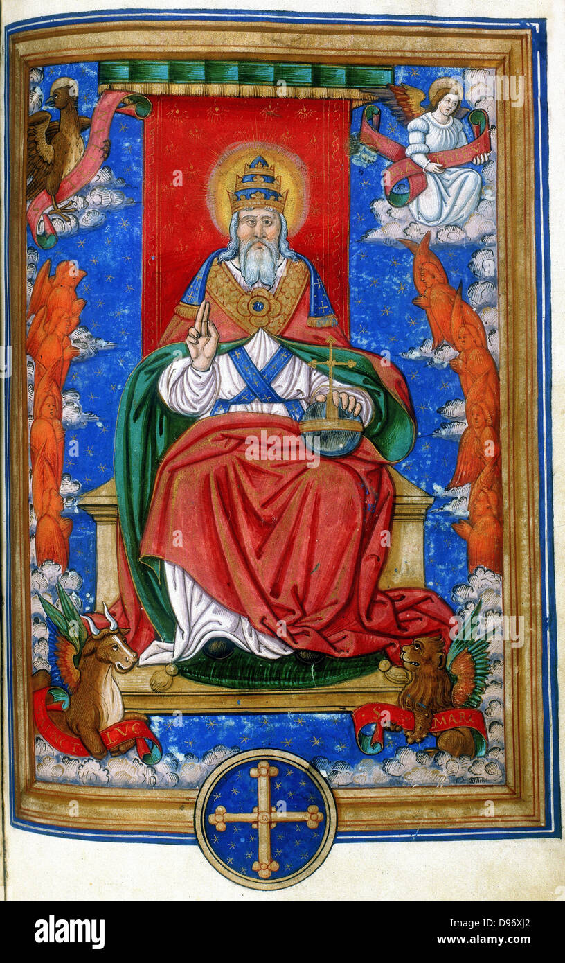 Dio Padre, 1545. Dio in trono, mano benedicente. In corrispondenza degli angoli sono i simboli dei quattro evangelisti: Angelo di San Matteo, il Leone di San Marco, l'aquila di San Giovanni e il bue di San Luca. Miniatura di un sedicesimo secolo Messale francese con il testo della liturgia di Lione. Foto Stock