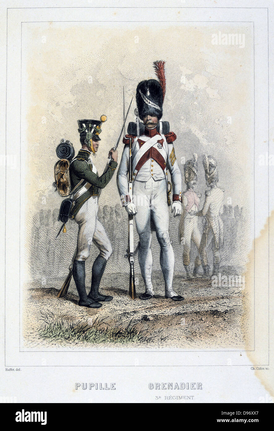 Bambino soldato e granatiere del 3° reggimento. Da 'Napoleone 1er et la Garde Imperiale' da Eugenio Fieffe, Parigi, 1858. Foto Stock