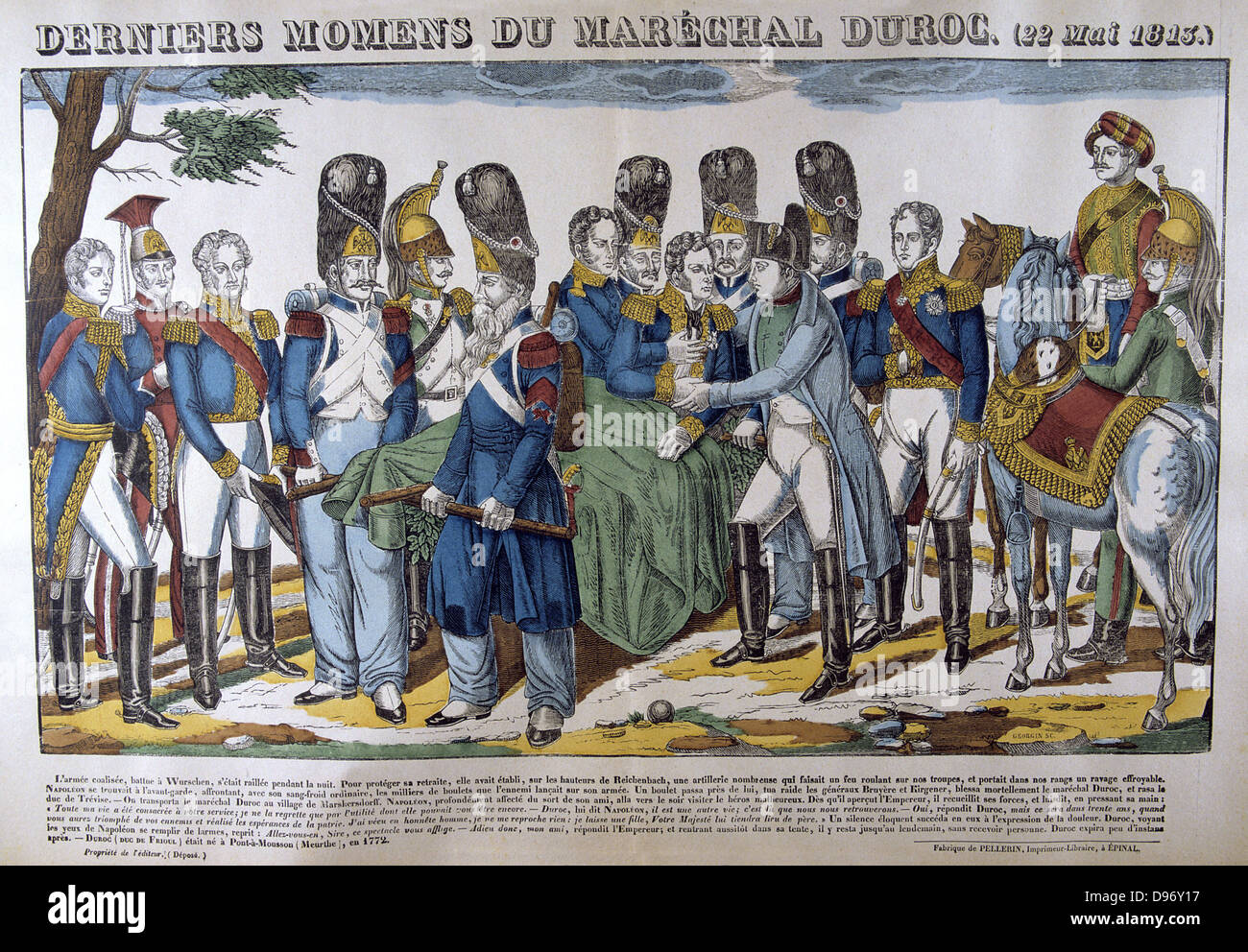 Le ultime ore del maresciallo Duroc (23 maggio 1813). Ferito a morte al Batle di Bautzen 20-21 maggio 1813, Duroc morì il 23 maggio. Vittoria francese di Prussia e esercito russo. Xix secolo francese popolari colorate a mano la xilografia. Foto Stock