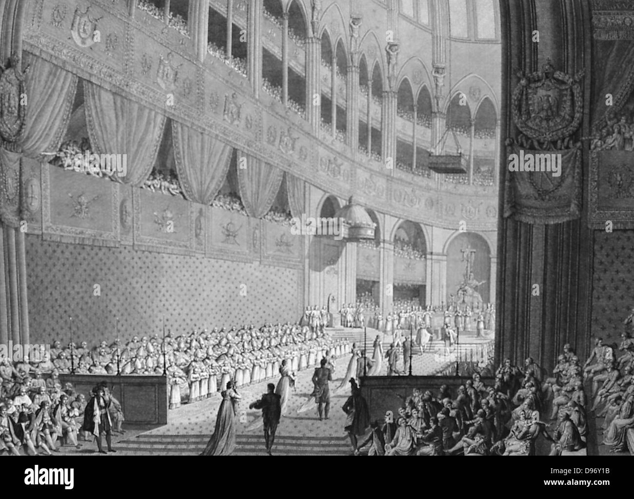 Incoronazione di Napoleone I nella Cattedrale di Notre Dame di Parigi, 2 dicembre 1804. Incisione Foto Stock