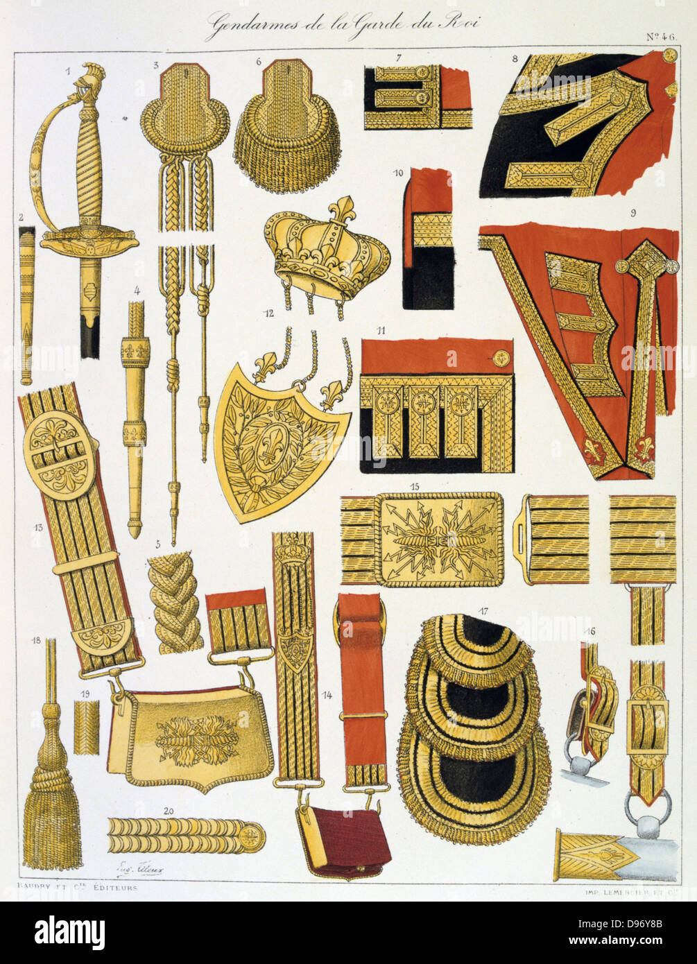 Francese abbigliamento militare della guardia reale. Da "Histoire de la maison militaire du Roi de 1814 a 1830" di Eugene Titeux, Parigi, 1890. Foto Stock