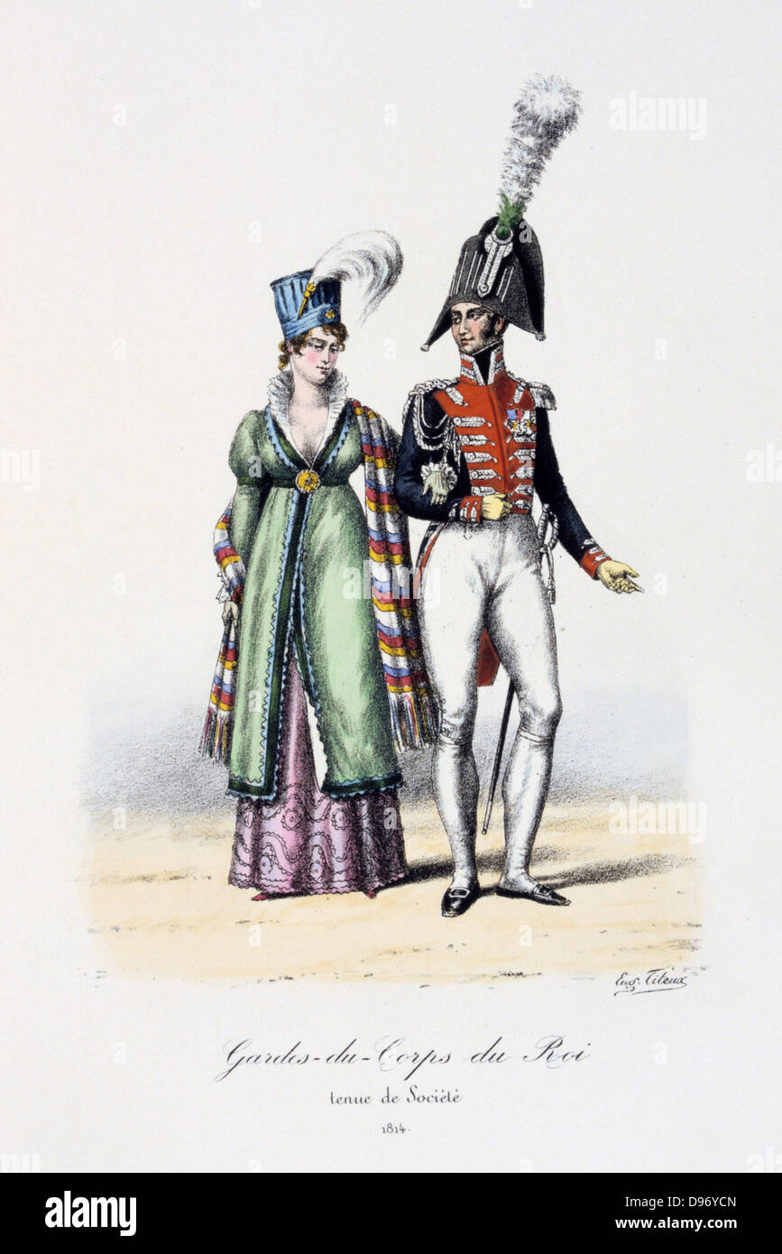 Officer della guardia reale vestito in uniforme con una signora, 1814. Da "Histoire de la maison militaire du Roi de 1814 a 1830" di Eugene Titeux, Parigi, 1890. Foto Stock