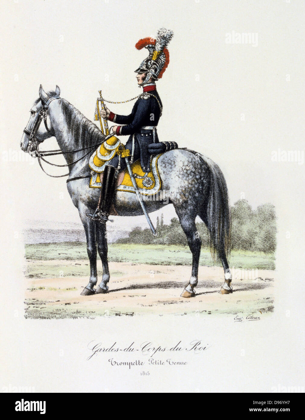 Montato trumpeter del Re della guardia, 1815. Da "Histoire de la maison militaire du Roi de 1814 a 1830" di Eugene Titeux, Parigi, 1890. Foto Stock