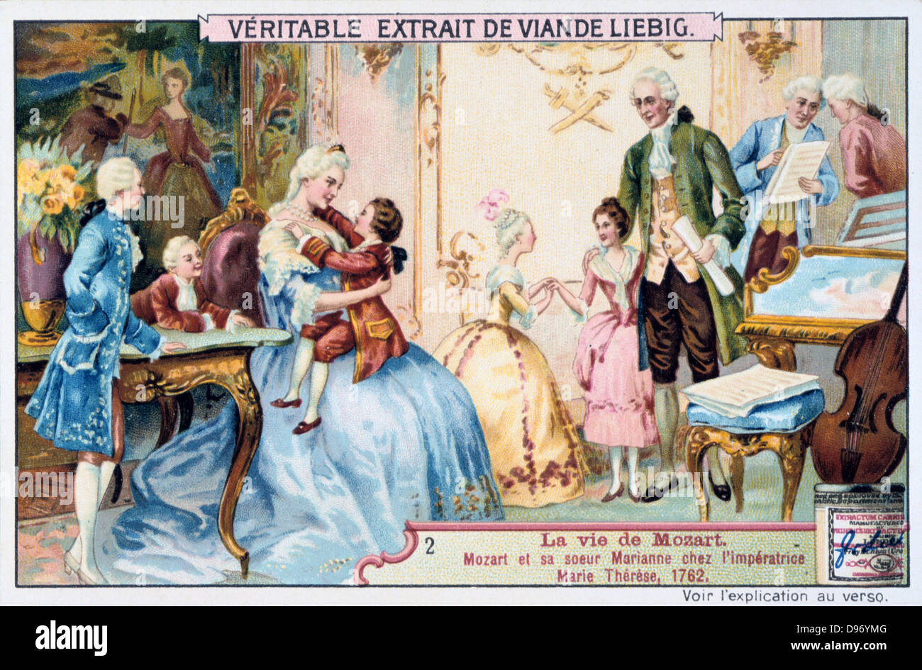 Wolfgang Amadeus Mozart (1756-1791) all'età di sette anni a giocare il suo violino nella parte anteriore dell'Imperatrice Maria Teresa. La storia è che quando Mozart aveva finito, saltò su Maria Teresa il giro e le diede un bacio. Mozart del Padre Leopoldo e sua sorella in stand by il pianoforte che guarda. Da "La Vie de Mozart' ('La Vita di Mozart'), Liebig scheda commerciale. (Parigi, 1906). Foto Stock