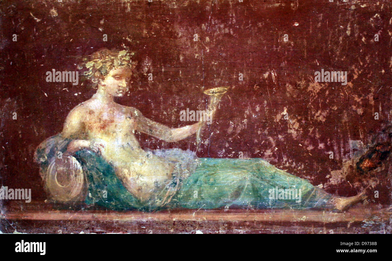 La pittura di Pompei. Wall-dipinti nella Roma antica decorato gli interni di case private e edifici pubblici come bagni e templi, come pure più umile negozi, taverne e anche bordelli. Foto Stock