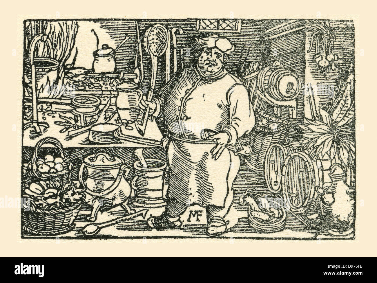 Un cuoco dal periodo Tudor in Inghilterra. Da una stampa contemporanea. Foto Stock