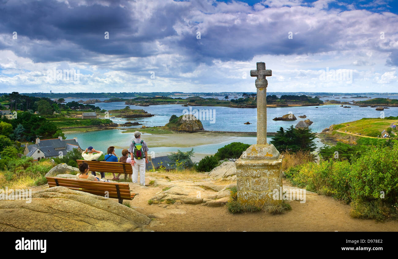 Costa panoramica vista da San Michel cappella. Isola di Brehat, Côtes-d'Armor, nel nord della Bretagna, Francia Foto Stock