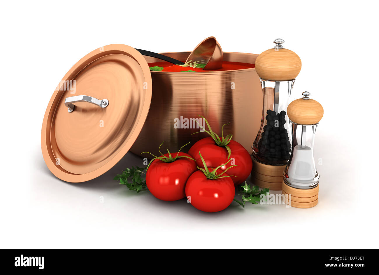 3d la zuppa di pomodoro all'interno della pentola di rame con ingrediente isolato, sfondo bianco, l'immagine 3D Foto Stock