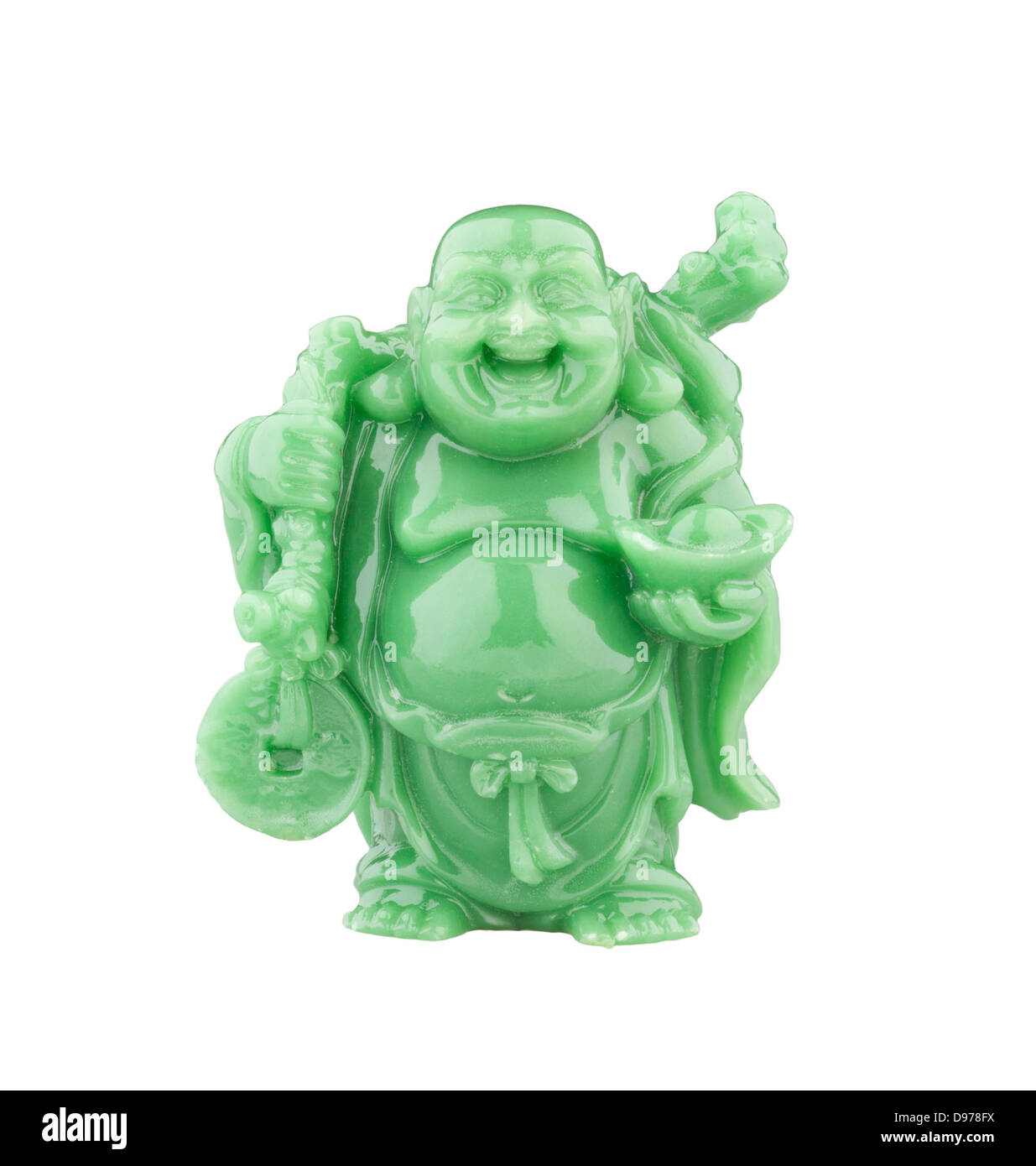 Statua di sorridente Buddha grasso con il denaro, il simbolo di facoltosi Foto Stock