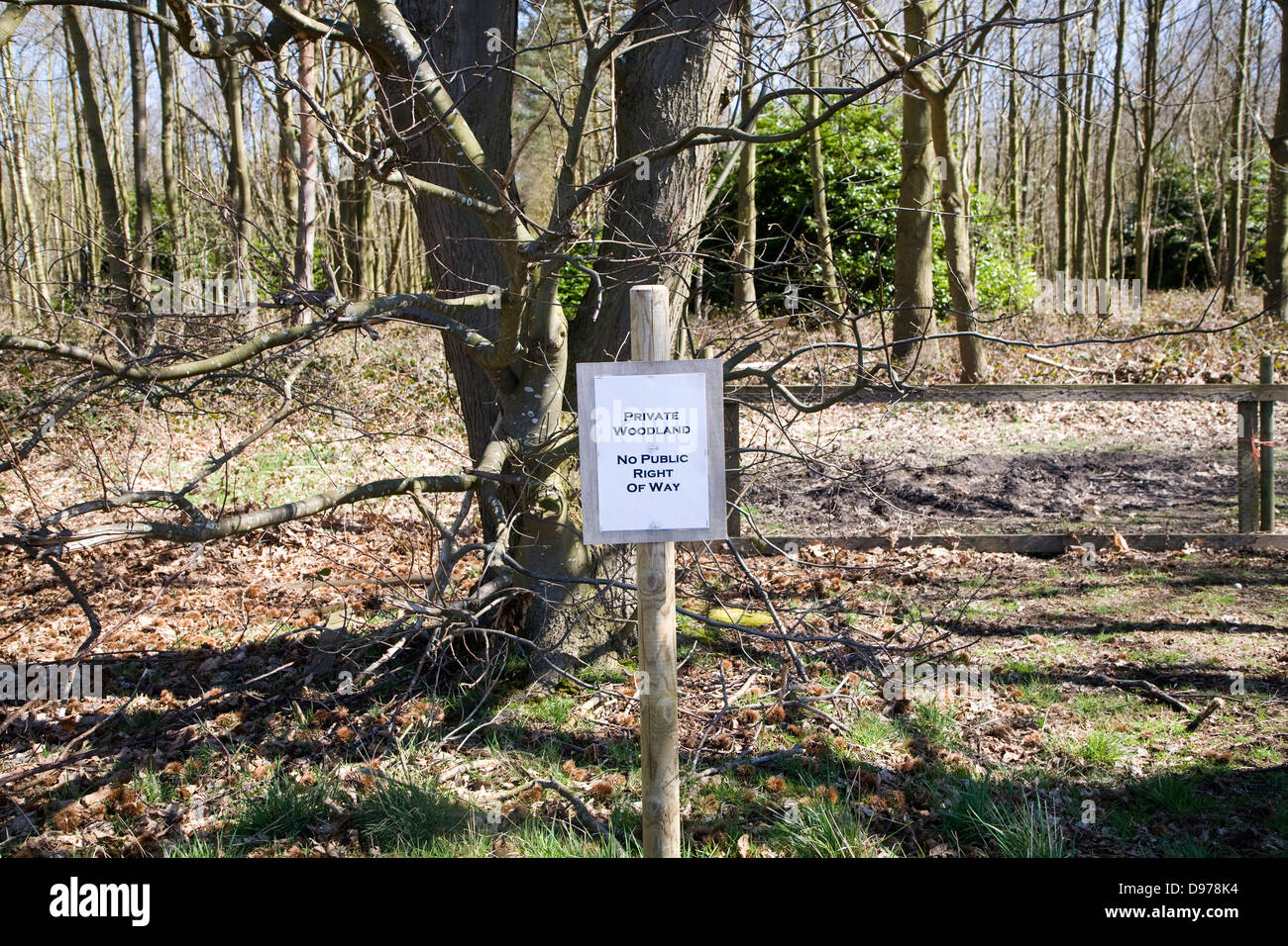 Segno per bosco privato con nessun diritto del pubblico di modo, Sutton, Suffolk, Inghilterra Foto Stock
