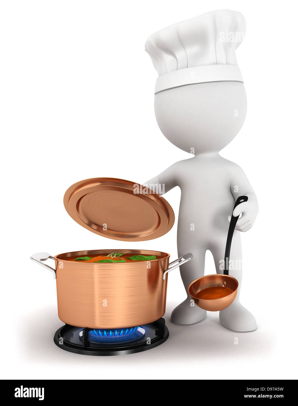 3d la gente bianca cottura della zuppa in una pentola di rame, isolati sullo sfondo bianco, l'immagine 3D Foto Stock