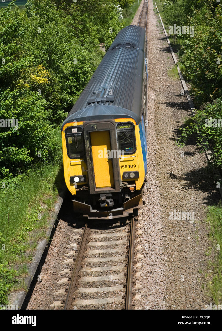 Treno Diesel sulla East Suffolk la linea ferroviaria tra Lowestoft e Ipswich, Suffolk, Inghilterra Foto Stock