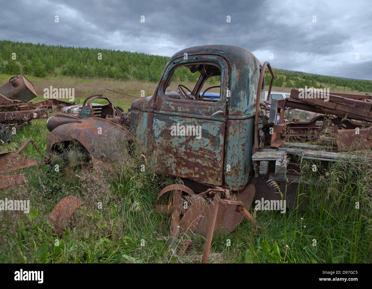 Vecchio carrello ruggine in campagna, il nord dell'Islanda Foto Stock