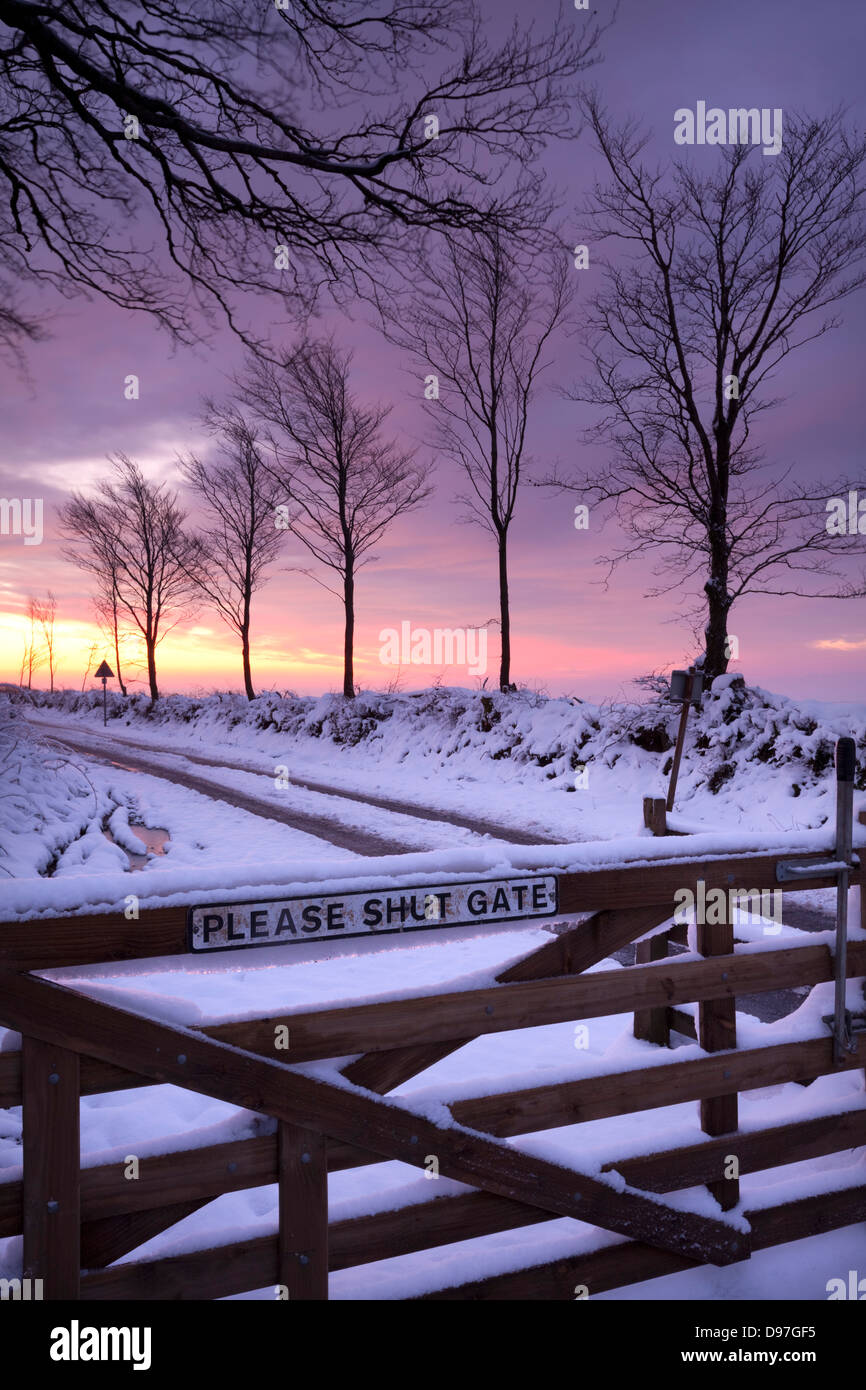 Coperta di neve cancello di legno su una strada brughiera, Exmoor, Somerset, Inghilterra. Inverno (gennaio 2012). Foto Stock