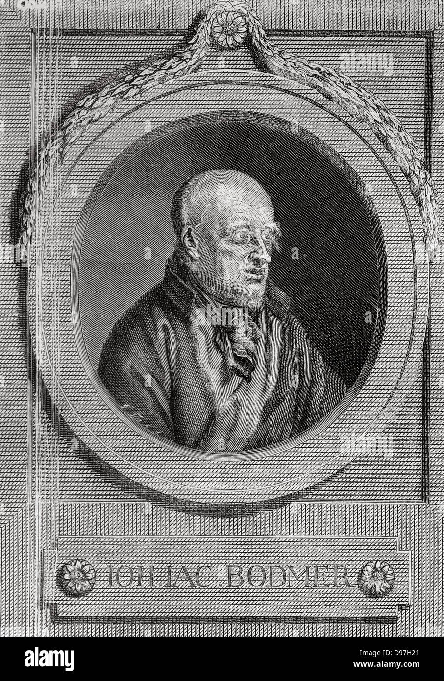 Johann Jakob Bodmer (1698 - 1783) autore svizzero-tedesca, accademica, critico e poeta. Incisione di J.F Bausse (1738-1814), 1784. Foto Stock