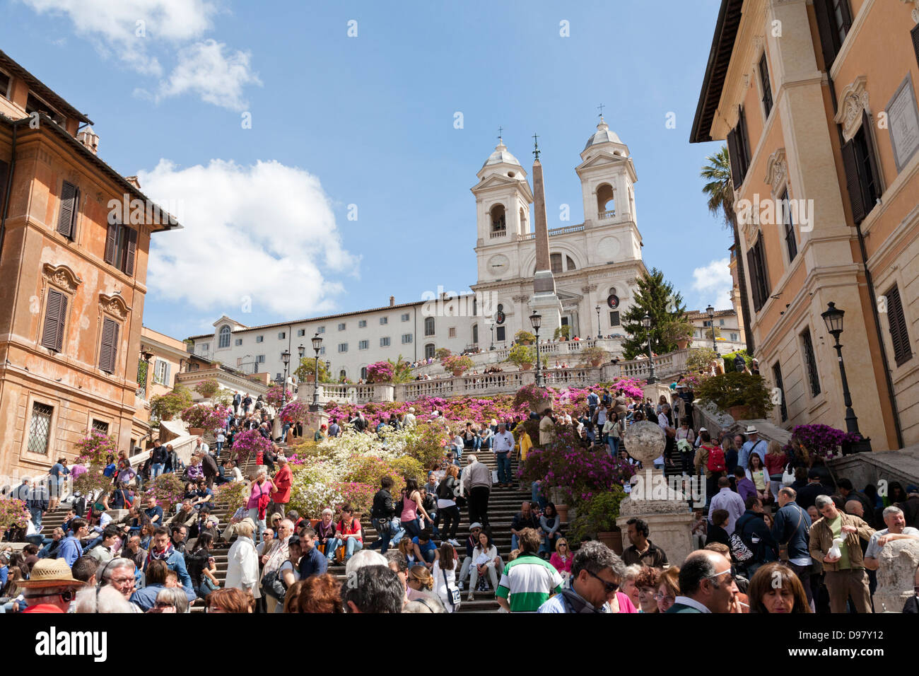 Vasi di Azalee in fiore, Piazza di Spagna e la scalinata della Trinita dei Monti, Piazza di Spagna, Roma, Italia Foto Stock