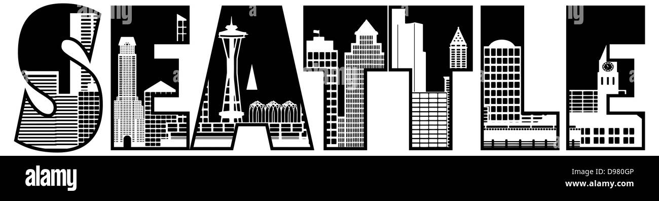 Seattle Washington skyline della città testo Silhouette di contorno bianco e nero illustrazione Foto Stock