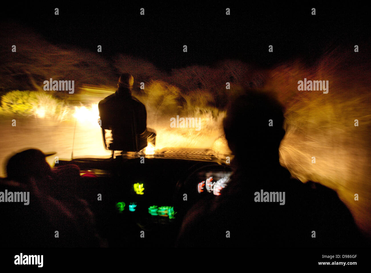 Utilizzando un spotlight per la ricerca di animali nocternal su una serata game drive in Phinda Game Reserve in Sud Africa Foto Stock