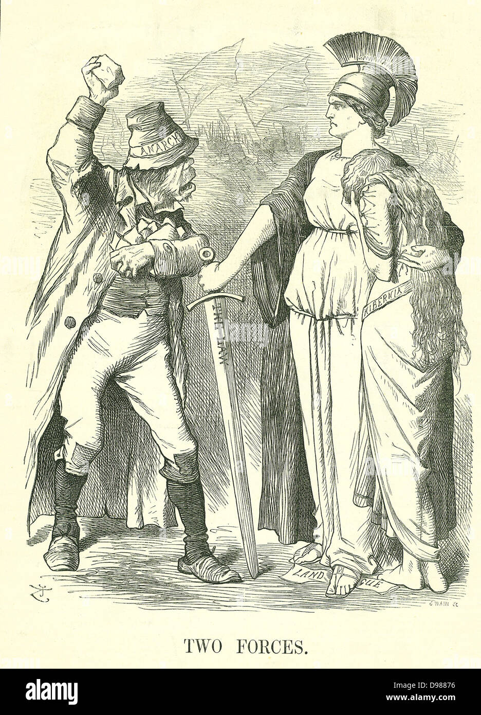 Due forze': Irish Land League fuorilegge. Britannia protegge Hibernia (Irlanda) con la forza del diritto contro la forza di anarchia. John Tenniel cartoon da 'Foratura', Londra, 29 ottobre 1881. Foto Stock