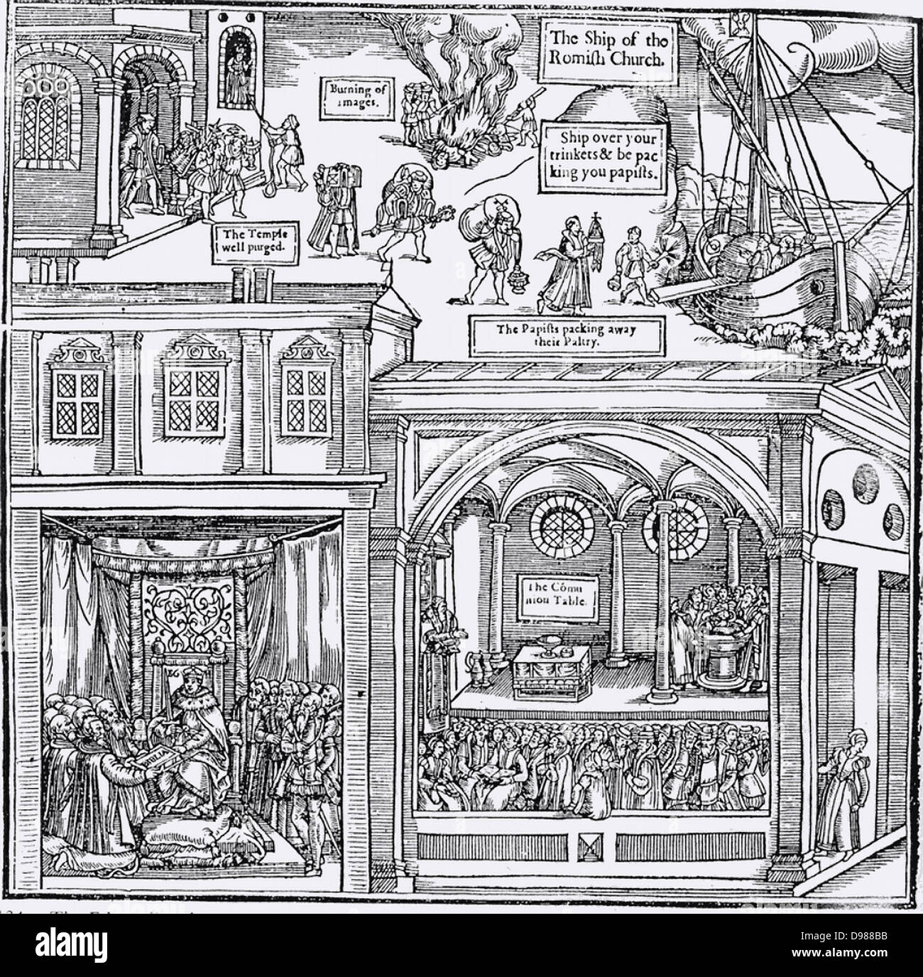 Xilografia dalla prima edizione di John Foxe 'Il libro dei martiri", Londra 1563, raffigurante l'iconoclasmo, al centro in alto. Nella parte superiore dell'immagine 'papists' sono impacchettare il loro 'irrisorio,' mentre la chiesa viene spurgato di idoli. In basso a sinistra i chierici ricevono la Bibbia a partire dalla Regina Elisabetta I. in basso a destra mostra l'interno di una chiesa protestante con la congregazione ad ascoltare un sermone, una comunione somple tabella rther rispetto a un altare e un battesimo di prendere posto. Foto Stock