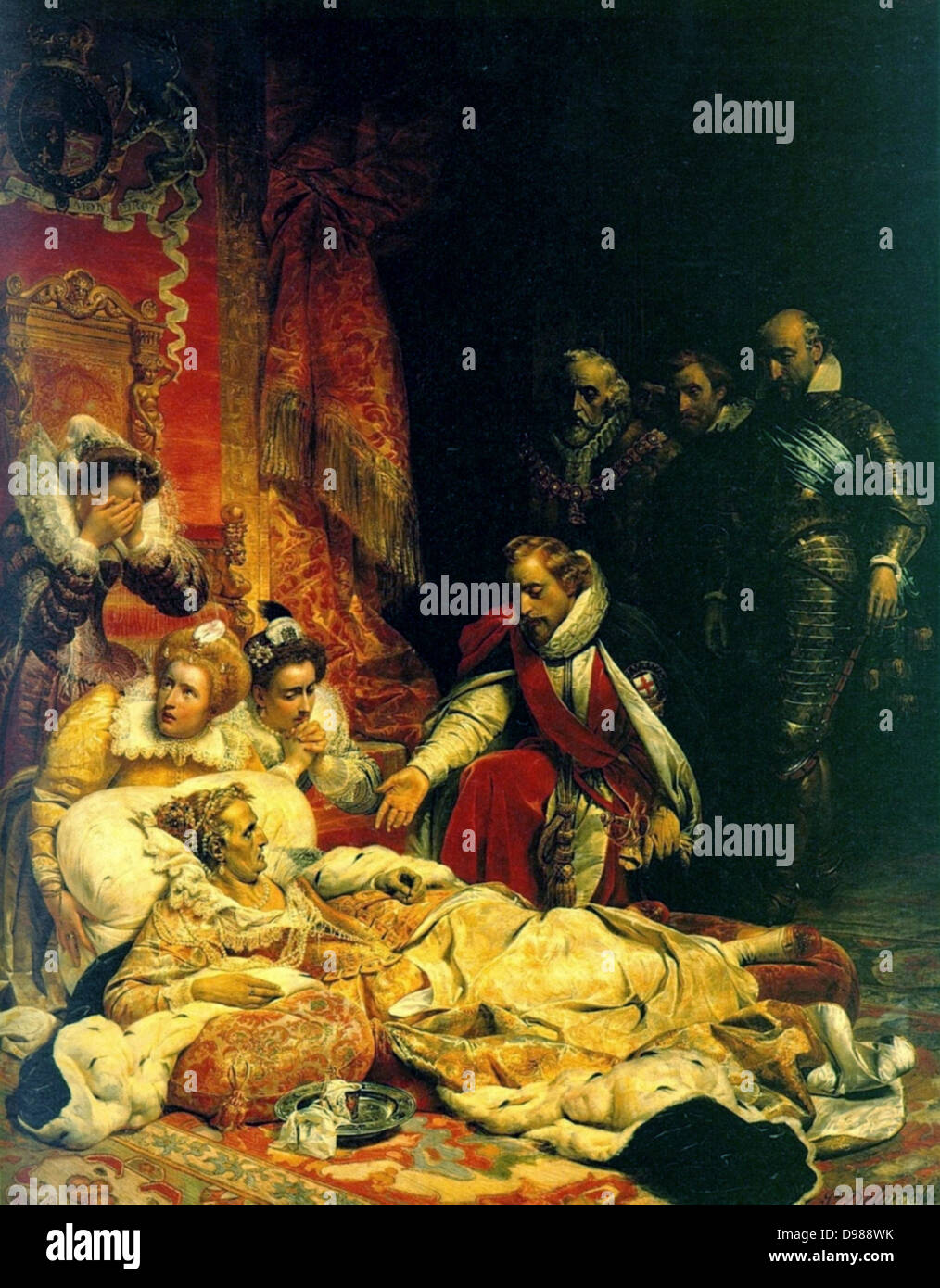 La morte di Elisabetta I Elisabetta I (1533-1603) regina di Inghilterra e Irlanda dal 1558. Dipinto di (Hippolyte) Paolo Delaroche (1797-1856), pittore francese, 1827. Foto Stock