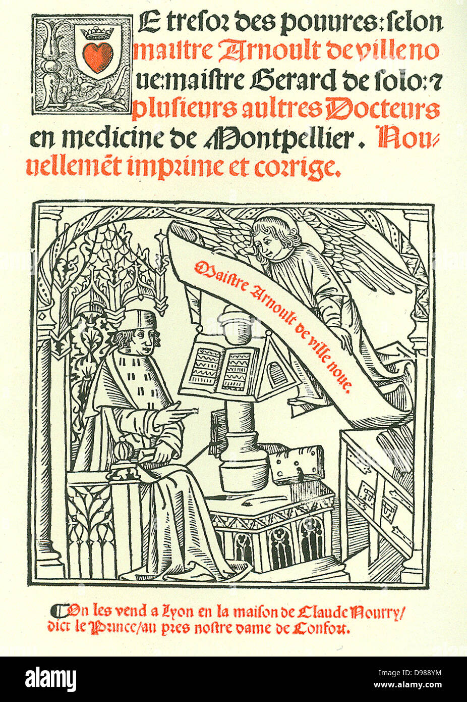 Pagina del titolo di "Le Tresor des Pouvres', Lione, 1527 da Arnaldus di Villanova. Arnaldus (1235-1311), astrologo catalano, alchimista, medico e traduttore di testi medici dall'arabo. Foto Stock
