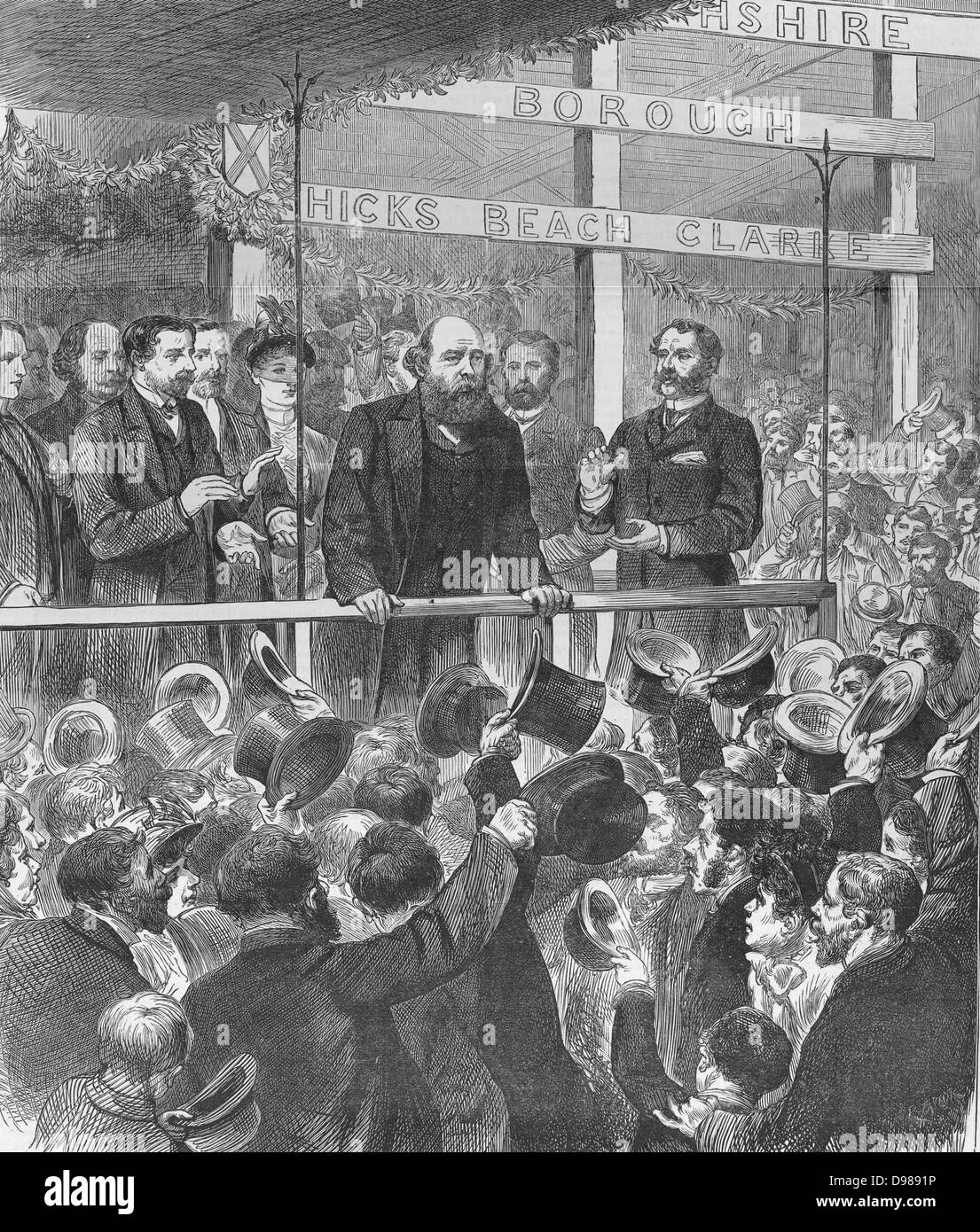 Campagna elettorale per le elezioni di novembre/dicembre 1885. Signore di Salisbury, Primo Ministro conservatore affrontare il conservatore associazione a Newport, Monmouthshire. I liberali sotto Gladstone ha sconfitto i conservatori. Da 'l'Illustrated London News, 17 ottobre 1885. Foto Stock