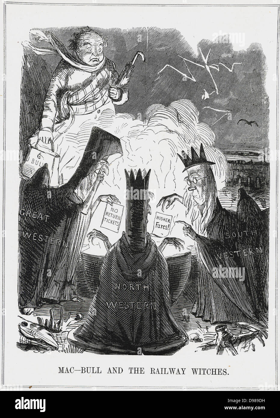 Il viaggiatore inglese, in forma di John Bull, guardando con orrore a ciò che le imprese ferroviarie sono state la pianificazione per lui. John Leech cartoon da 'Foratura', Londra, 1848. Foto Stock