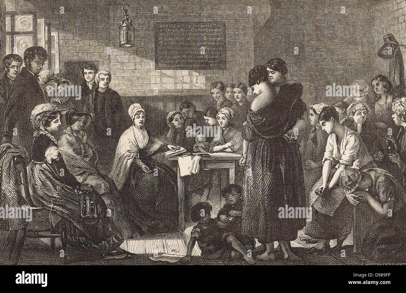 Elizabeth Fry (1780-1845) inglese Quaker riformista sociale la lettura a femmina prigionieri a Newgate. Uomo a sinistra con la mano sul retro della sedia è Thomas Fowell Buxton (1786-1845) Foto Stock